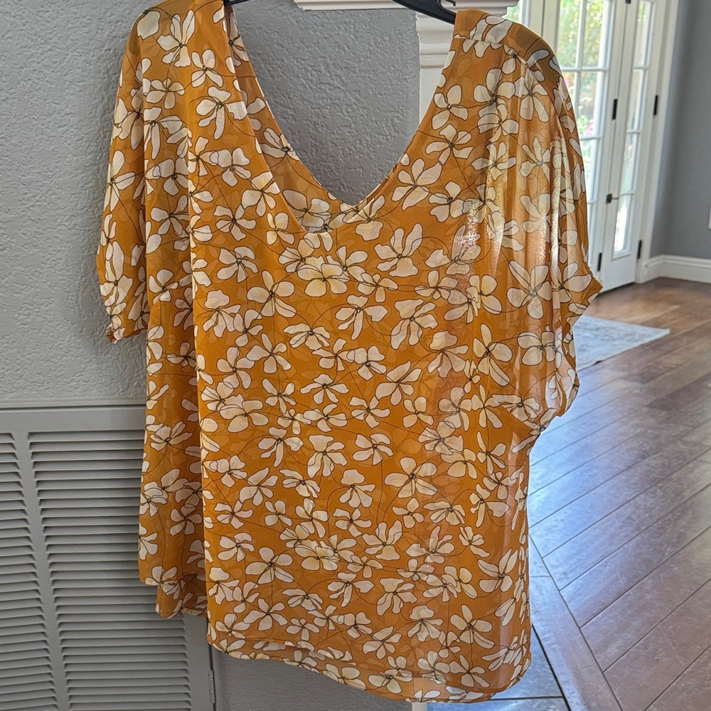 CAbi Mustard and White Floral Blouse.  Excellent condition.